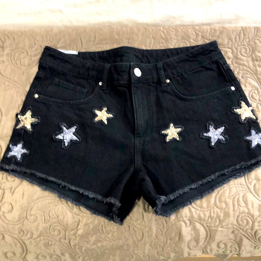Zoe Karssen Black Denim & Sequin Star Low Rise Boyfriend Jean Shorts Size 30 NWT